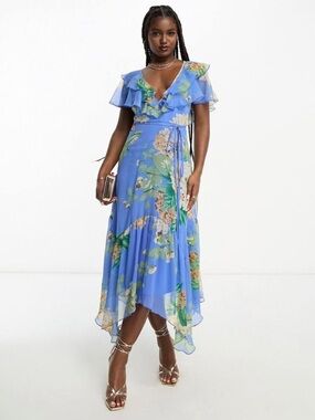 ASOS Design V front V back ruffle midi dress with flutter sleeve and tie belt